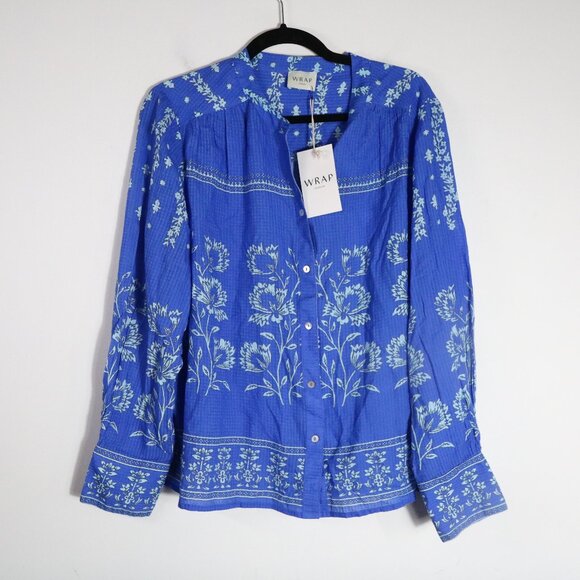 Wrap London Printed Blouse Womens 14 Deep Cornflower Floral Cotton Modal Boho - Picture 1 of 7